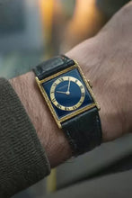 Load image into Gallery viewer, 1970 Jaeger Lecoultre Tank solid 18k yellow Gold Wristwatch Blue Dial