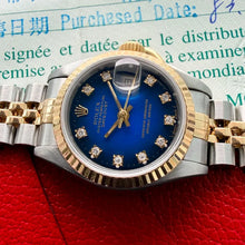 Load image into Gallery viewer, 1993 Rolex Datejust Blue Vignette Dial 69173 - Jubilee band + Box + Papers
