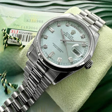 Load image into Gallery viewer, 36mm Rolex Platinum President 118206 Glacier Blue Dial – Serviced - Box + Papers