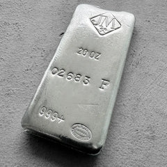 Vintage 20 oz .999 Silver Johnson Matthey Poured bar - F Serial Horizontal