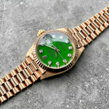 Load image into Gallery viewer, 1974 Rolex President Rose Gold 6917 New Old Stock Green Diamond Stella Dial NOS
