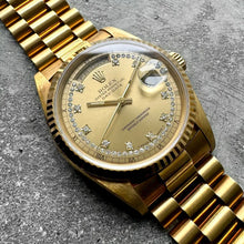 Load image into Gallery viewer, Unworn 36mm Rolex President Gold 18238 Box Papers String Diamond Dial + Stickers