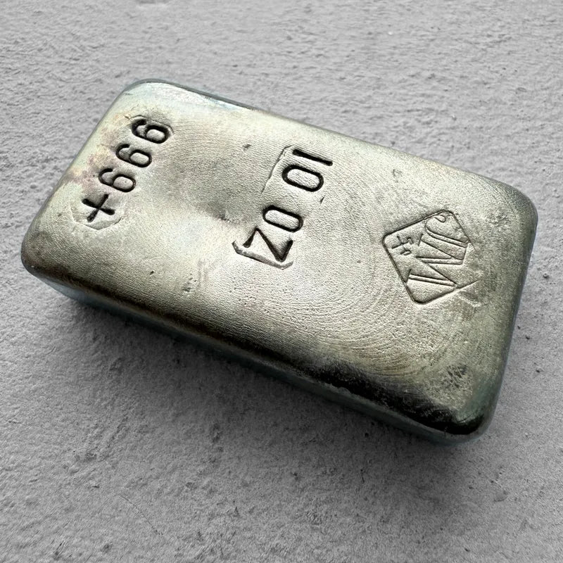10 oz Johnson Matthey .999 Silver Poured bar - Nice Patina
