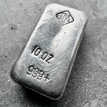 Load image into Gallery viewer, 10 oz Johnson Matthey .999 Silver Poured bar Pour Lines- Error Stamp Placement
