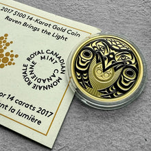Load image into Gallery viewer, $100 2017 Raven brings the light Canada Gold coin
