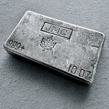 Load image into Gallery viewer, 10 oz JMC Johnson Matthey Company .999 Silver Poured bar - Maple Leaf
