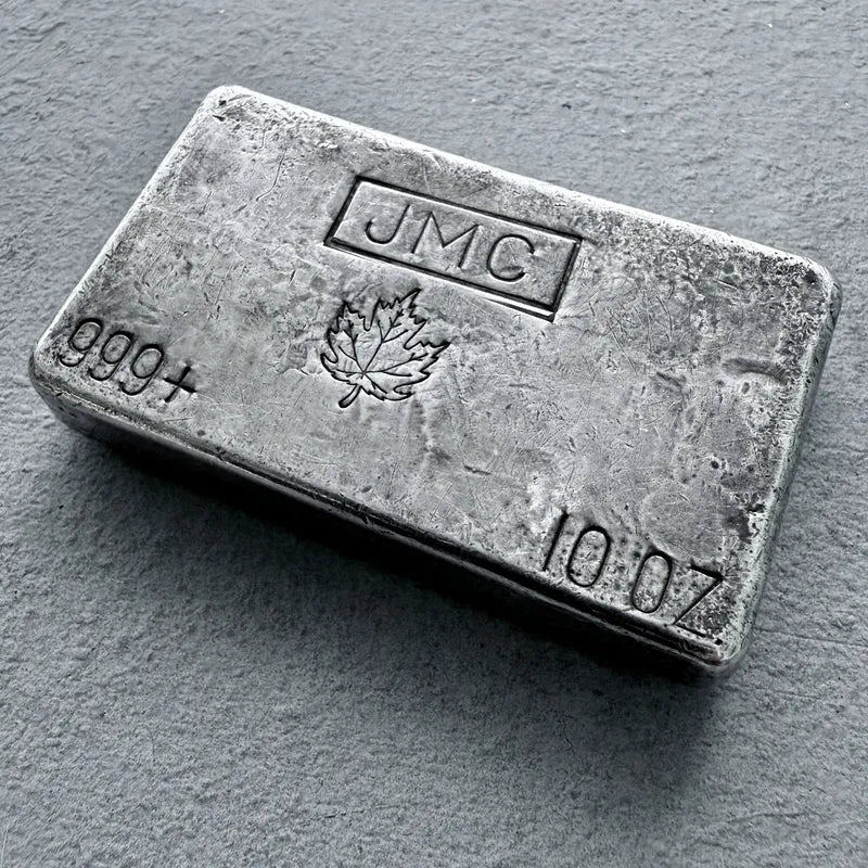 10 oz JMC Johnson Matthey Company .999 Silver Poured bar - Maple Leaf
