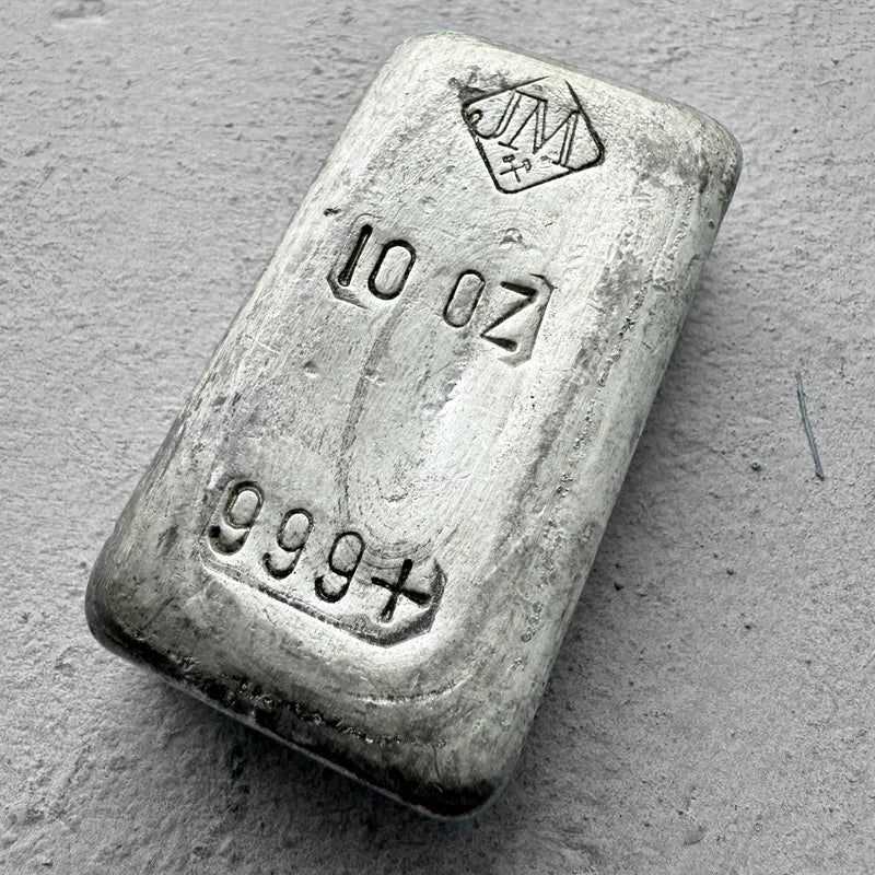 10 oz Johnson Matthey .999 Silver Poured bar - Nice Pour Lines!
