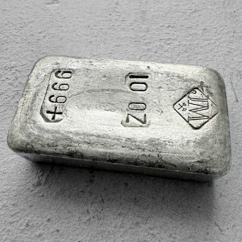 10 oz Johnson Matthey .999 Silver Poured bar - Nice Pour Lines!