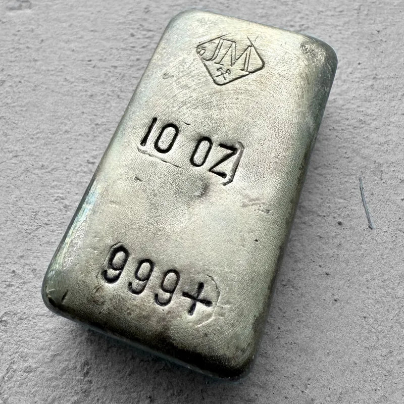 10 oz Johnson Matthey .999 Silver Poured bar - Nice Patina
