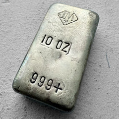 10 oz Johnson Matthey .999 Silver Poured bar - Nice Patina