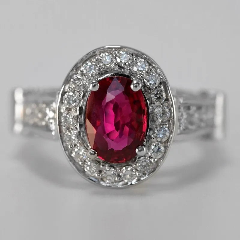14k White Gold natural 1.55ct Oval Ruby & Diamond Engagement Ring