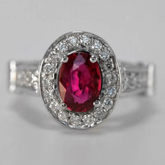 14k White Gold natural 1.55ct Oval Ruby & Diamond Engagement Ring