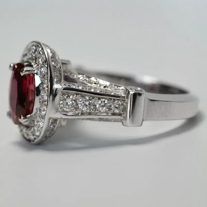 14k White Gold natural 1.55ct Oval Ruby & Diamond Engagement Ring