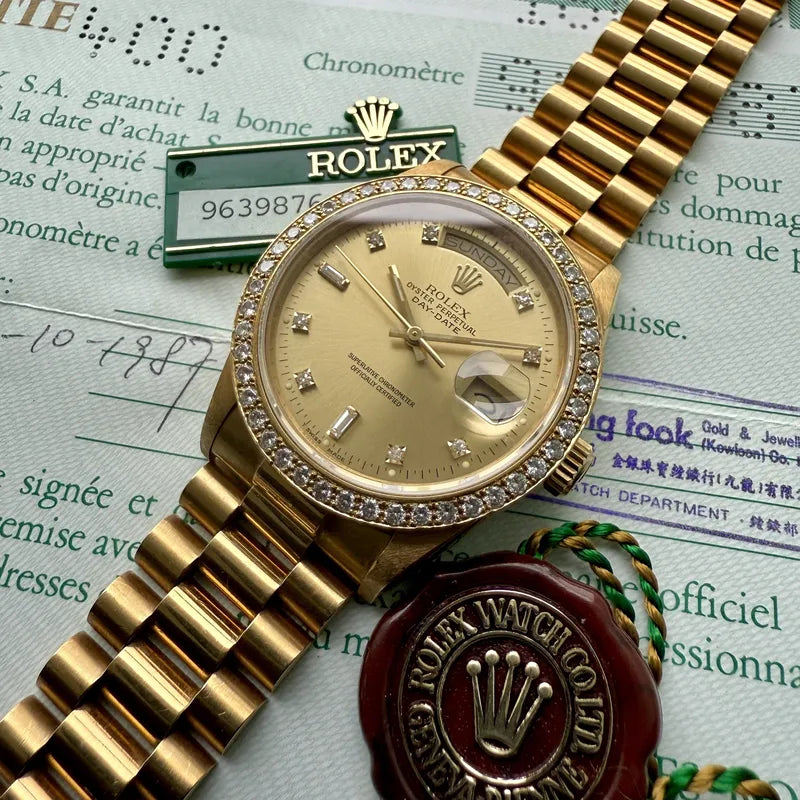 1987 Rolex Oyster President 18038 Box + Papers - Unpolished - Diamond Dial Bezel
