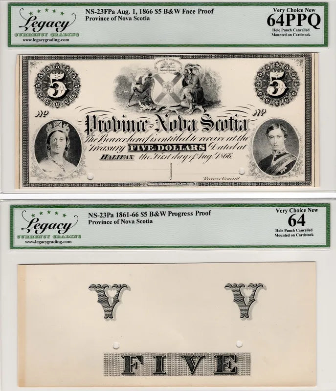 1866 $5 Province of Nova Scotia including Face + Back Proofs