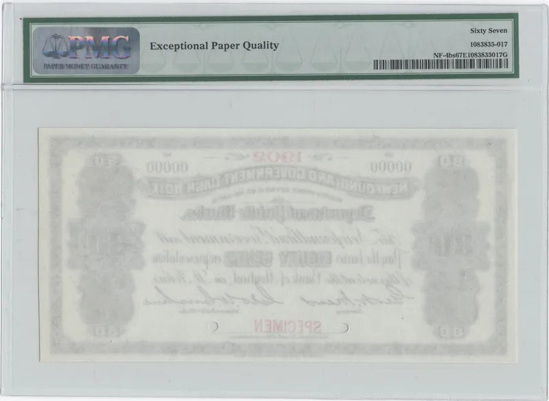 1902 Newfoundland 80 Cent Cash note Canada 80¢ NF-4bs Specimen PMG 67 EPQ