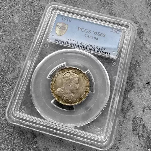 1910 Canada 25 Cents Quarter Silver Coin - PCGS GEM 65 with Stunning Toning