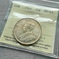 1916 Canada 50 Cent Coin ICCS MS 65 - Seldom seen in Gem!