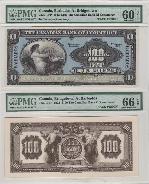 1922 $100 Canada Barbados At Bridgetown Face + Back Proof Pair - PMG Gem 60/66