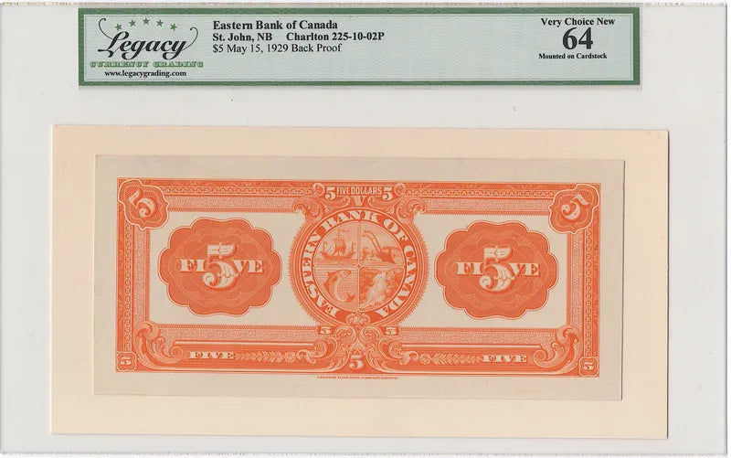 1929 $5 The Eastern Bank St Johns Canada - Set Front/Back PROOF 225-10-02P