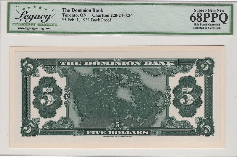 1931 $5 The Dominion Bank Toronto Canada Set  Front/Back PROOF 220-24-02P
