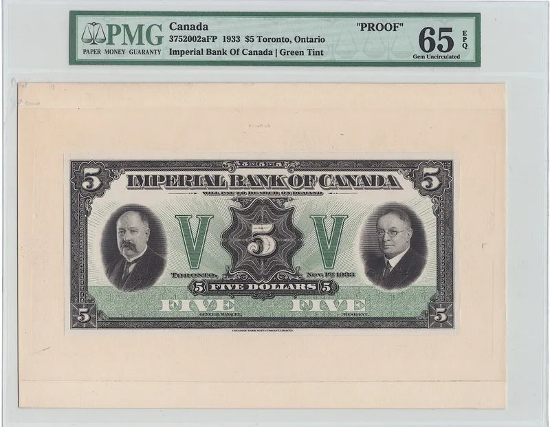 1933 $5 Imperial Bank of Canada - Toronto - Proof PMG 65 EPQ