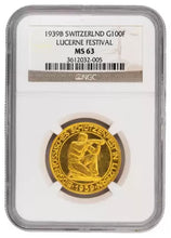 Load image into Gallery viewer, 1939-B Switzerland 100 Francs Gold Coin Lucerne Festival - NGC MS-63
