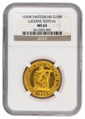 1939-B Switzerland 100 Francs Gold Coin Lucerne Festival - NGC MS-63
