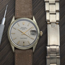 Load image into Gallery viewer, 1973 Rolex 1550 Date Grey Mosaic Dial- Gold Plated case with Riveted Bracelet
