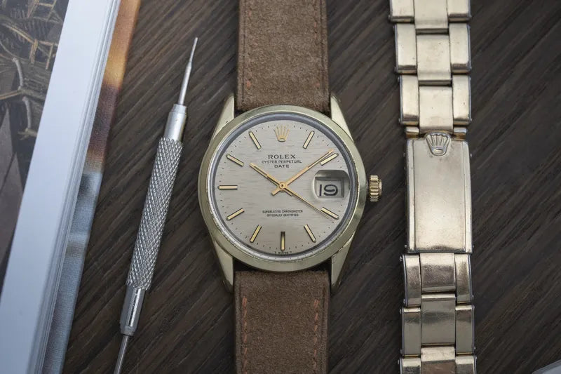 1973 Rolex 1550 Date Grey Mosaic Dial- Gold Plated case with Riveted Bracelet