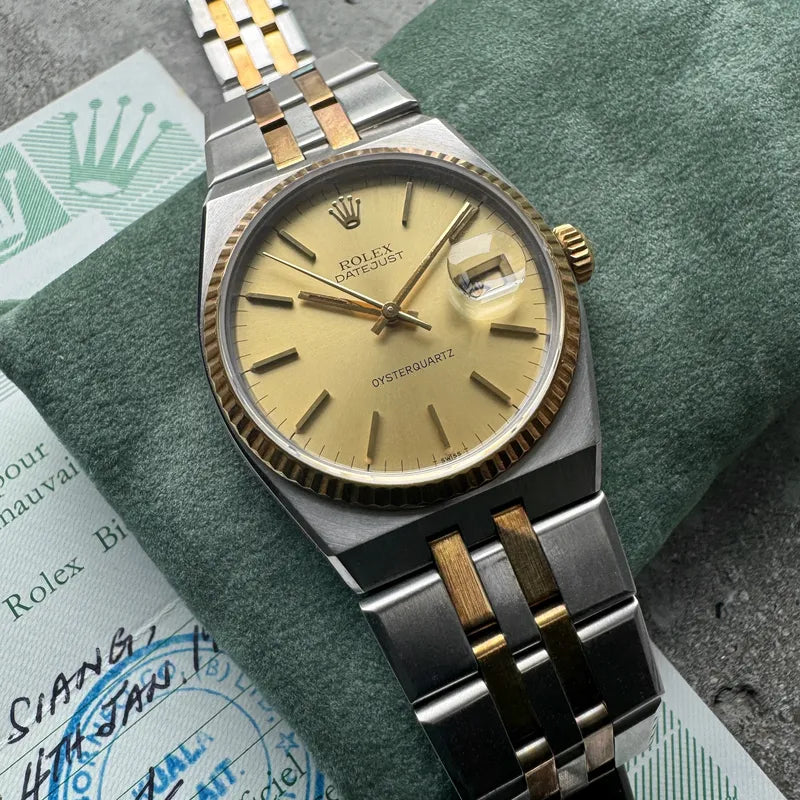 1978 Rolex Oysterquartz Datejust 17013 Box Brunei Papers Unpolished Rosey patina