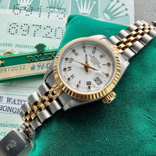 Load image into Gallery viewer, 1985 Rolex 69173 Datejust Jubilee Box Papers White dial Roman Numeral Unpolished
