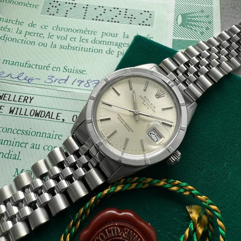1985 Rolex Date Engine Turned Bezel - Jubilee band 15010 – Box and Papers