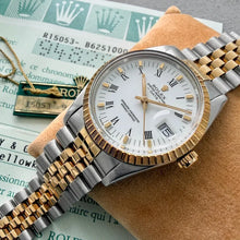 Load image into Gallery viewer, 1986 Rolex Date White Roman Numeral Dial 15053 Jubilee Box + Papers
