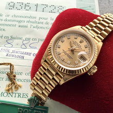 Load image into Gallery viewer, 1986 Rolex President Solid Gold 69178 Box+ Papers Unpolished Diamond String Dial
