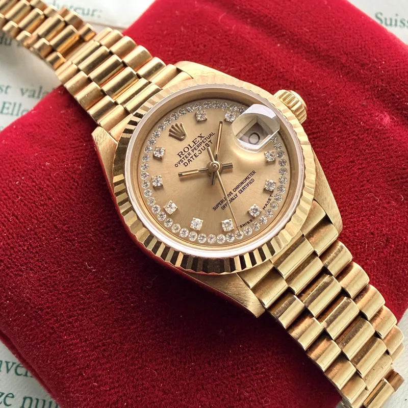 1986 Rolex President Solid Gold 69178 Box+ Papers Unpolished Diamond String Dial