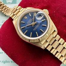 Load image into Gallery viewer, 1987 Rolex President Solid Gold 69178 Box + Papers Unpolished Stunning Blue Dial
