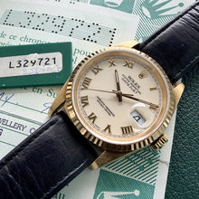 Load image into Gallery viewer, 1990 Rolex Datejust 18k Gold Ivory Roman numeral dial 16238 - box and Papers

