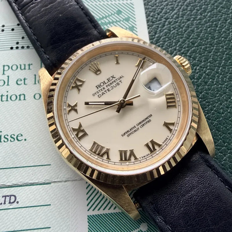 1990 Rolex Datejust 18k Gold Ivory Roman numeral dial 16238 - box and Papers