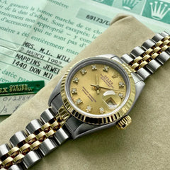 1992 Rolex Datejust Champagne Diamond Dial 69173 - Jubilee Box + Papers