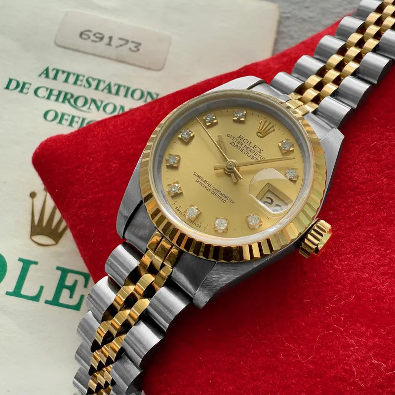 1993 Rolex 69173 Datejust Diamond Dial Jubilee Serviced Box + Papers Unpolished