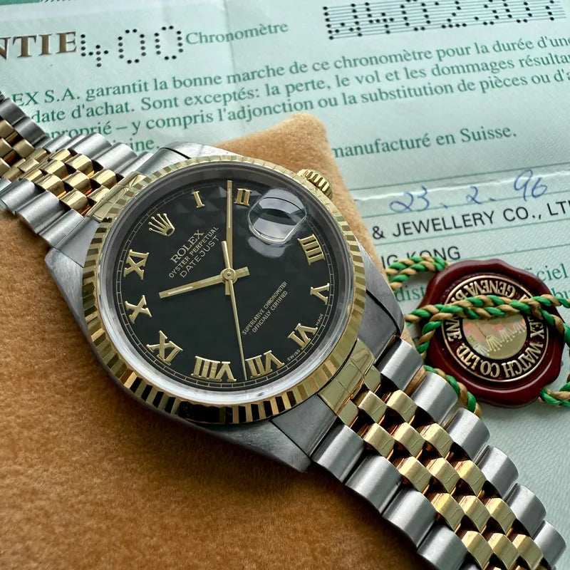 1995 Rolex 16233 Datejust Black Pyramid Dial Jubilee Serviced Box + Papers