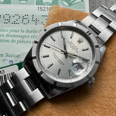 1998 Rolex Date 15210 Silver Dial - Box Papers + Hang Tag - Engine Turned Bezel