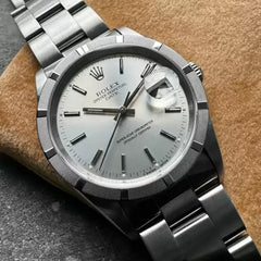 1998 Rolex Date 15210 Silver Dial - Box Papers + Hang Tag - Engine Turned Bezel