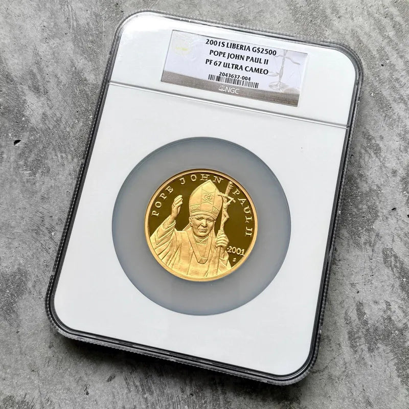 2001 Liberia Gold 12 oz Gold .999+ Fine $2500 NGC PF67 - Pope John Paul II