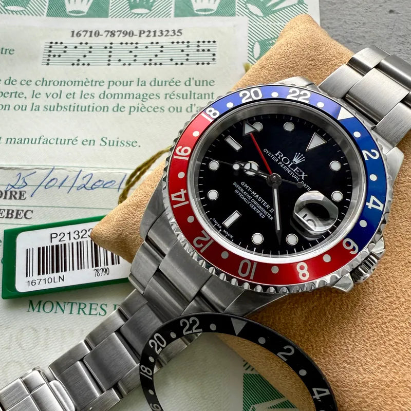 2001 Rolex 16710 GMT Master II Pepsi - Box + Papers - 2 Bezels