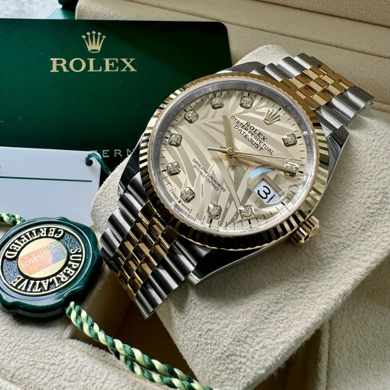 2024 Rolex 36mm Datejust 126233 - Box + Papers - Diamond Golden Palm Dial Motif