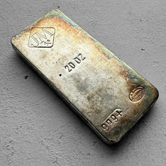 20 oz Silver Johnson Matthey Poured JM bar – Reverse Stamp + Incredible Toning