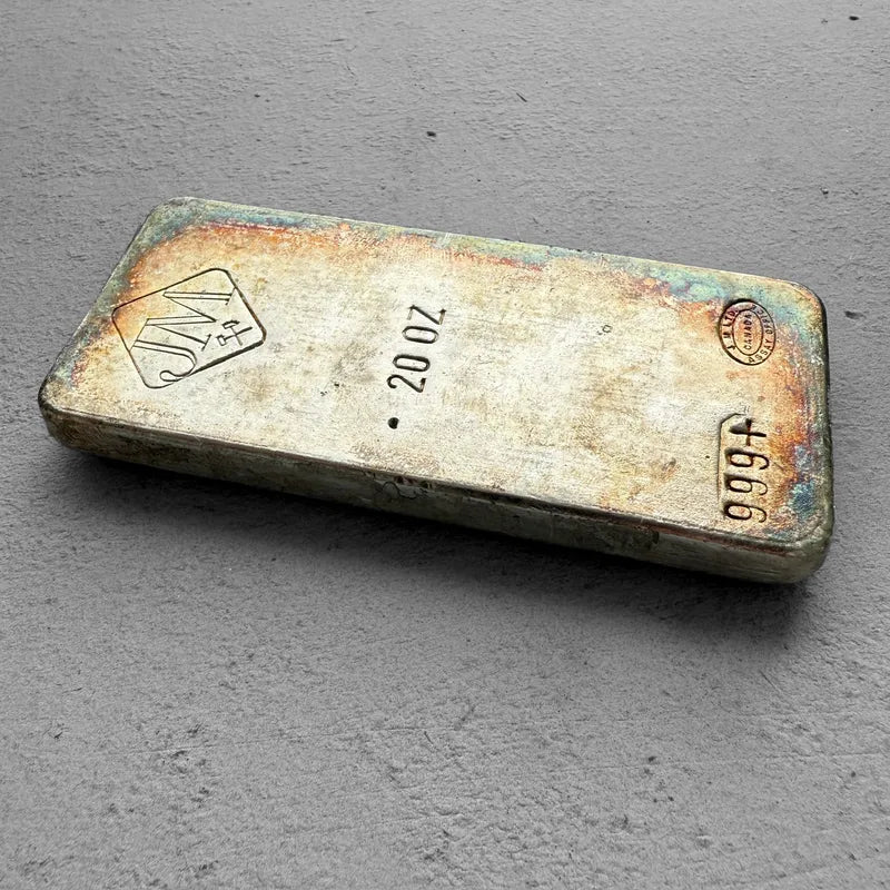 20 oz Silver Johnson Matthey Poured JM bar – Reverse Stamp + Incredible Toning